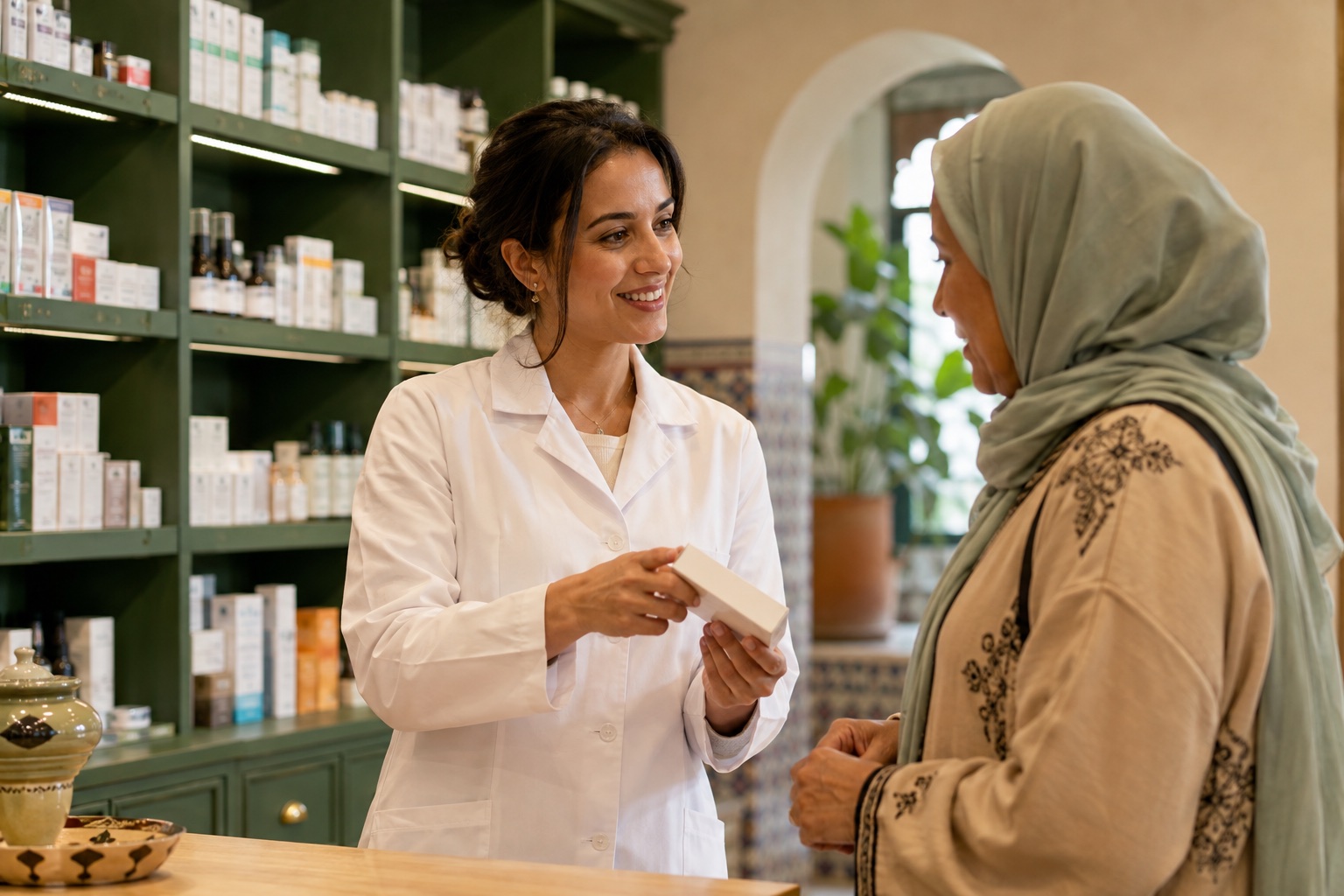 Scène illustrative d’une pharmacienne échangeant avec une cliente dans une officine chaleureuse.